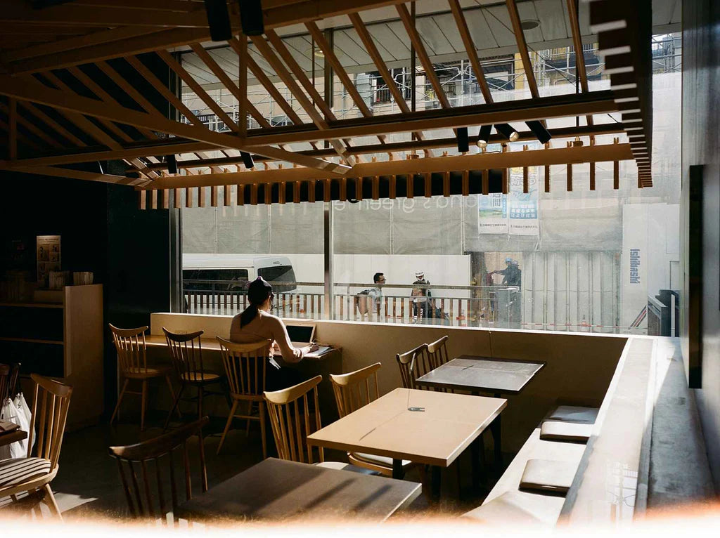Cafe interior with wooden beams and window light, sample shot on Kodak Ektacolor Pro 400