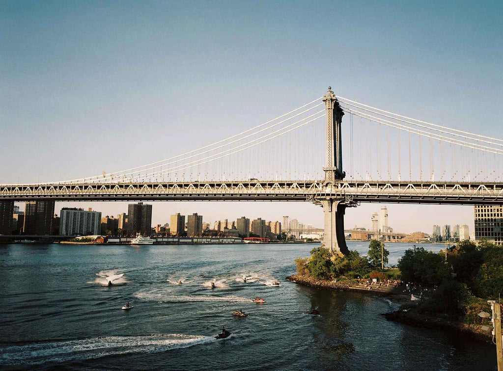 Manhattan Bridge over the river with jet skis, sample shot on Kodak Ektacolor Pro 800