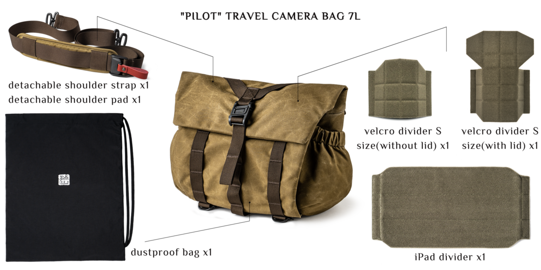 Wotancraft Pilot 7L travel camera bag contents: strap, pad, dustproof bag and dividers