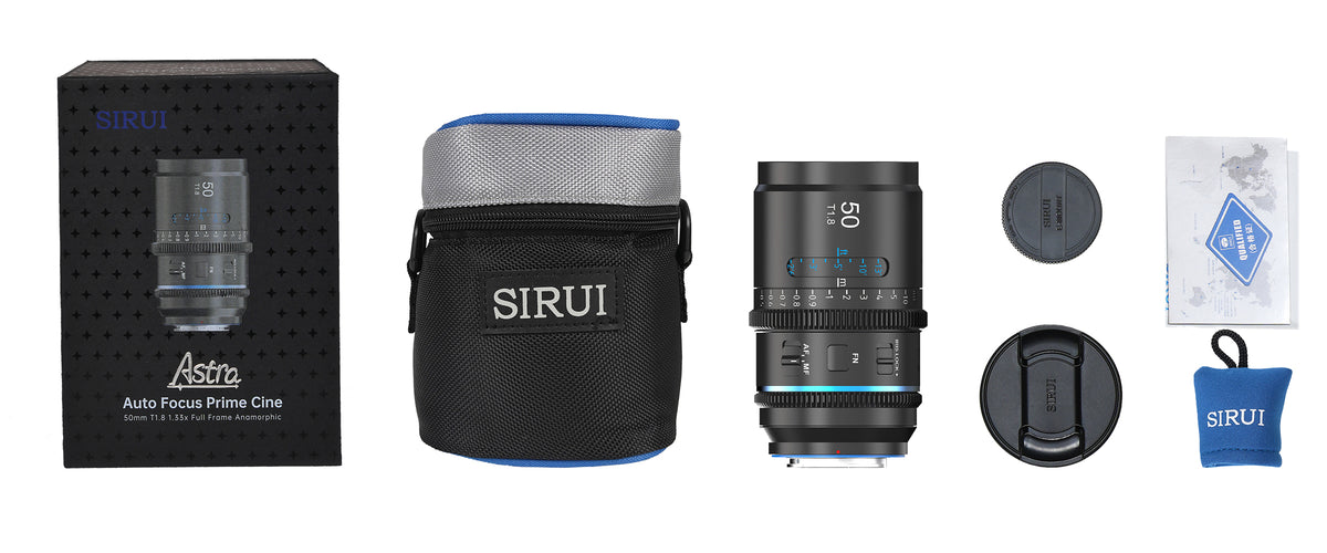 Sirui Astra 50mm T1.8 autofocus anamorphic lens kit: box, lens pouch, caps and cleaning cloth
