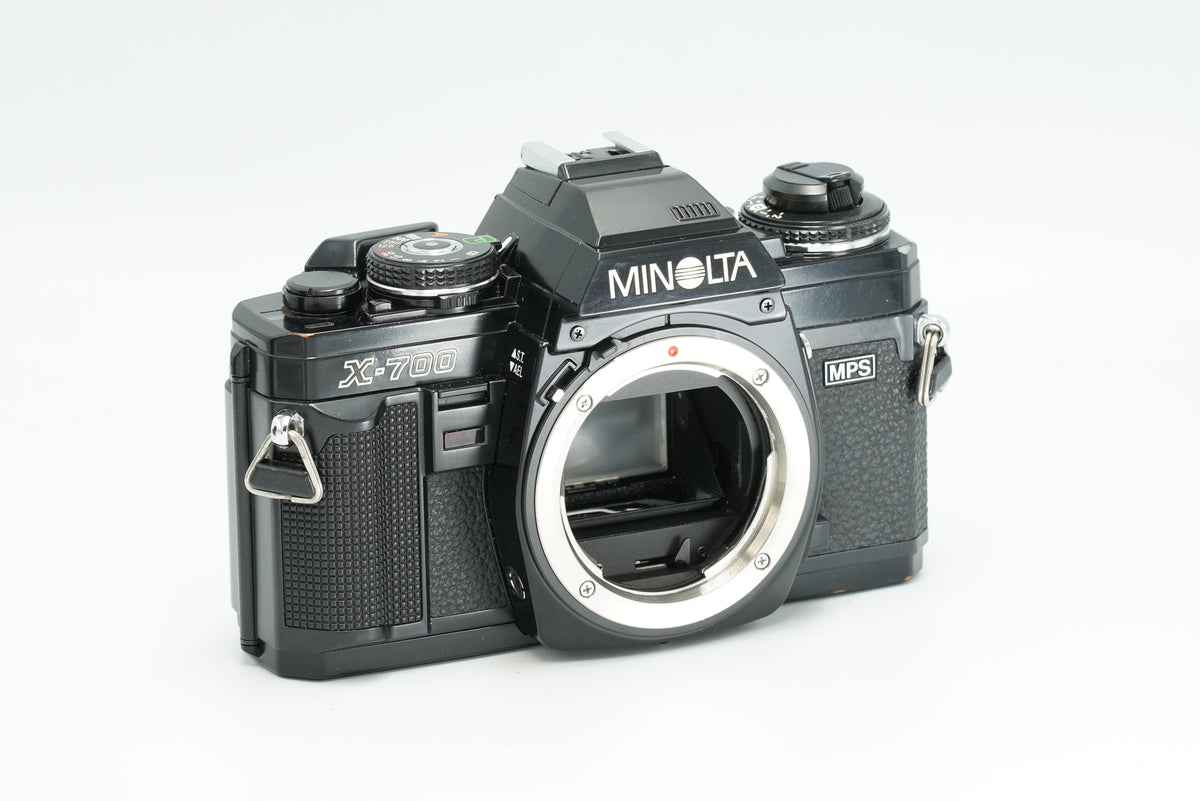 Minolta X-700 black 35mm SLR film camera body, front view