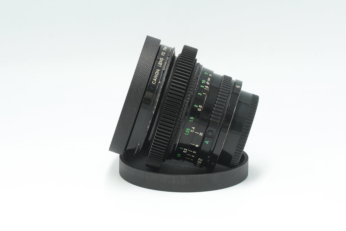 Canon nFD 17mm f/4 cine mod, side view with focus gear and FD scale
