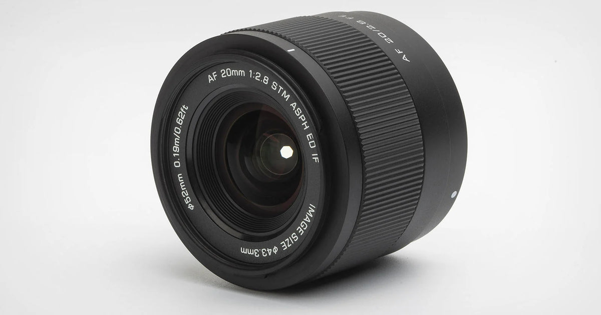 Viltrox Air AF 20mm f/2.8 STM full-frame lens, angled view of the front element