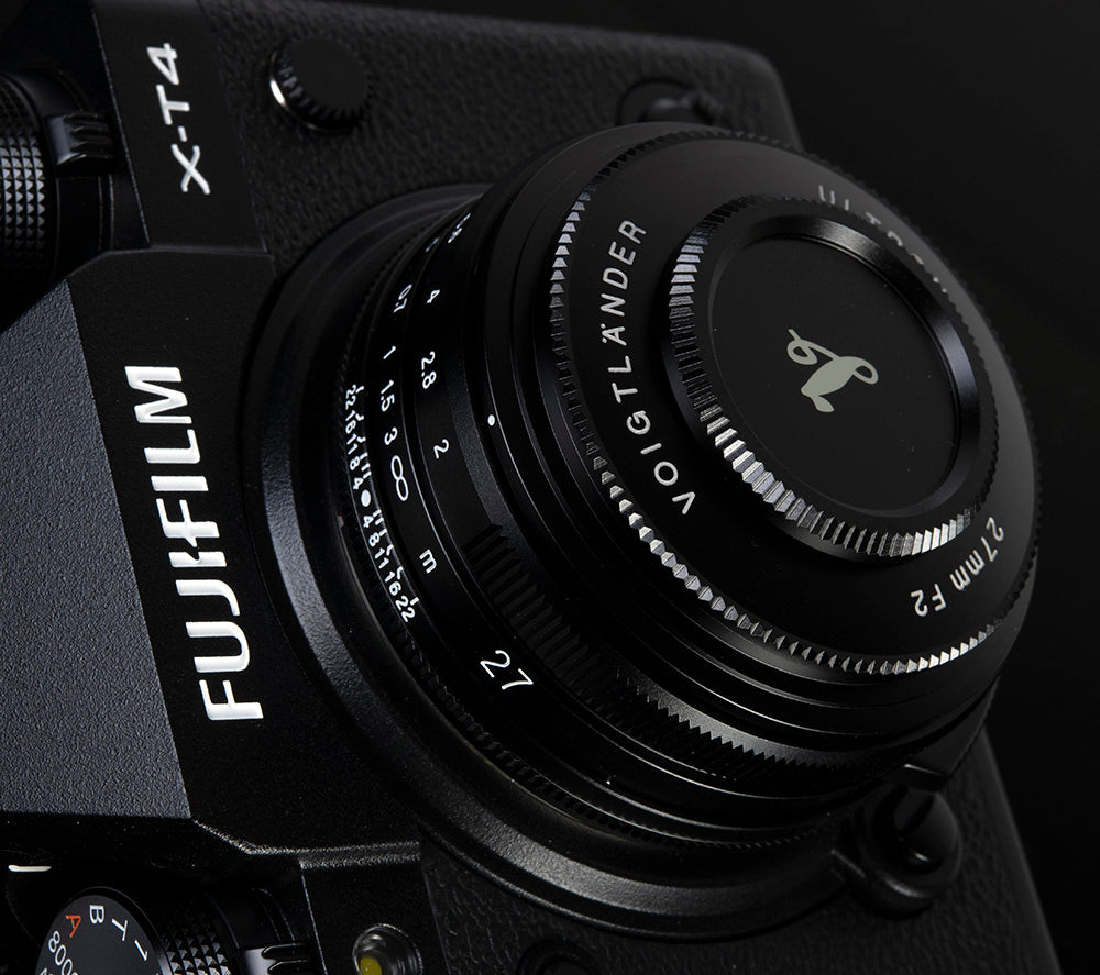 Voigtlander Ultron 27mm f/2 on a Fujifilm X-T4 with metal front cap, close-up