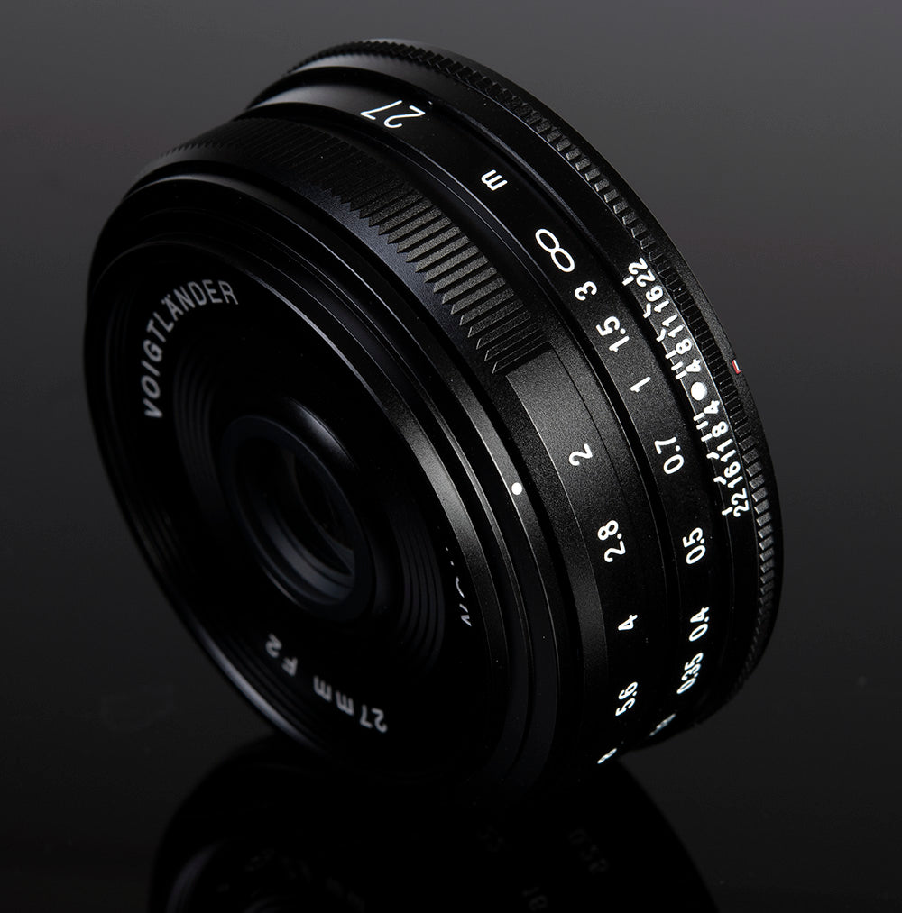 Voigtlander Ultron 27mm f/2 pancake lens, angled view of the focus scale