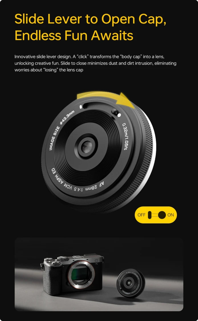Viltrox AF 28mm f/4.5 slide lever opens the built-in lens cap, shown next to a camera