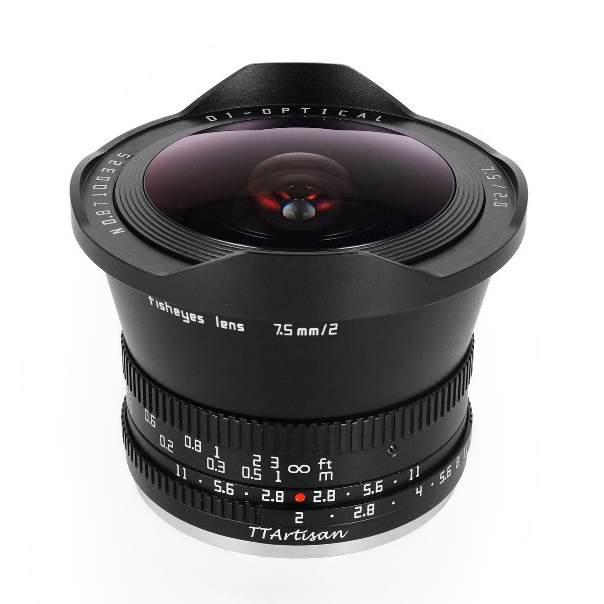 TTArtisan 7.5mm f/2 APS-C fisheye lens in black, angled front view