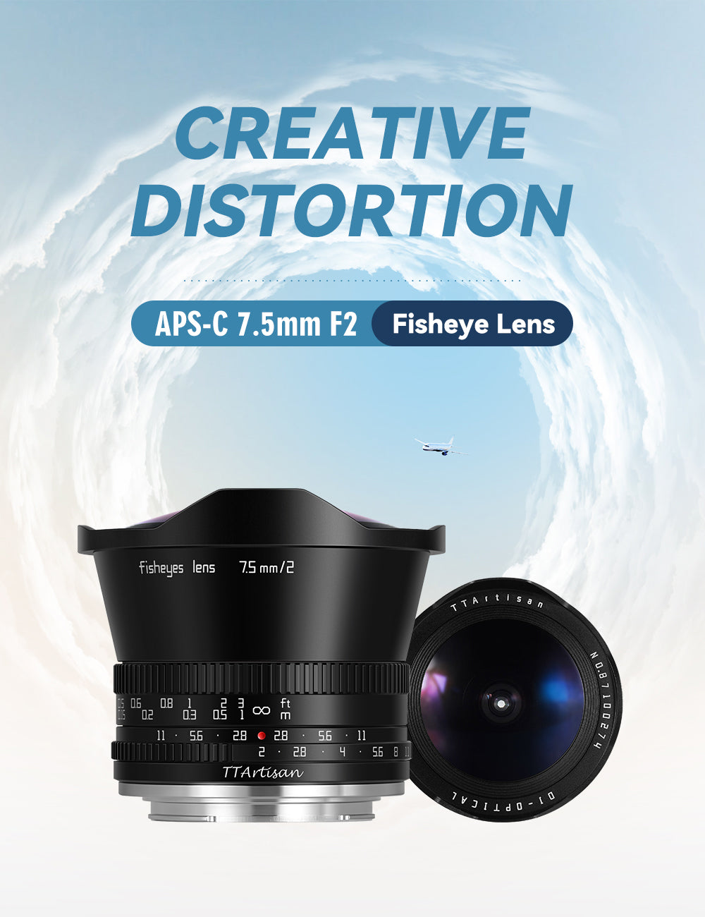 TTArtisan 7.5mm f/2 APS-C fisheye lens creative distortion banner with sky and airplane