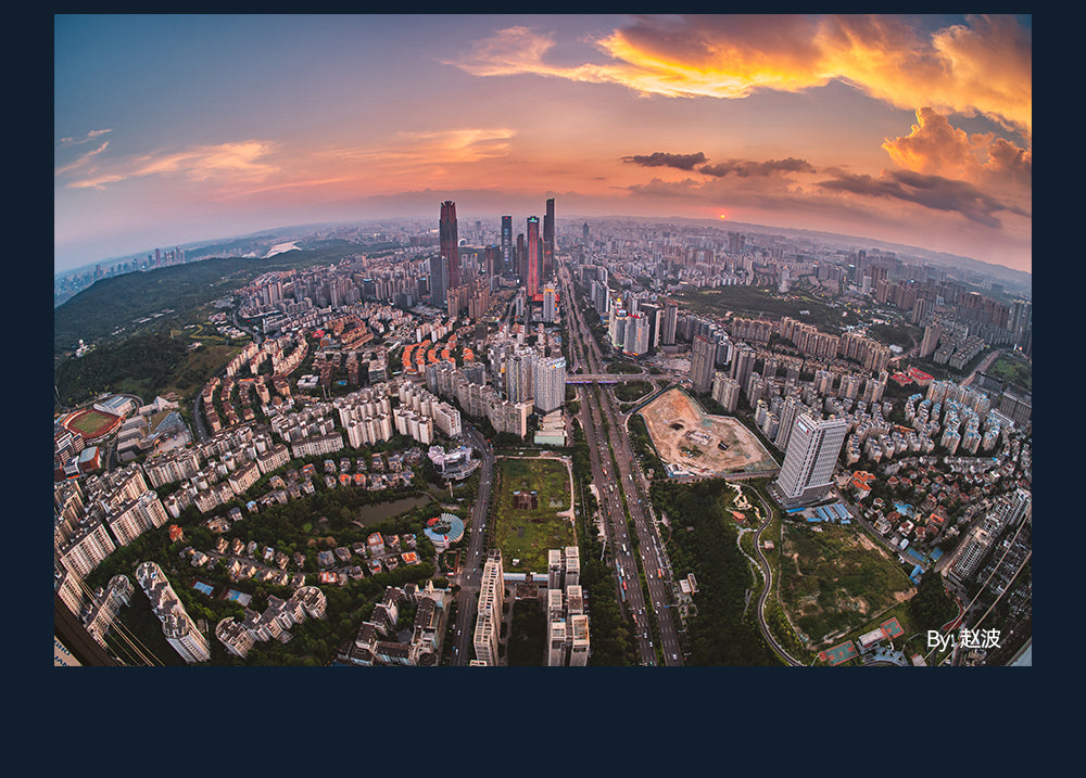 City at sunset from above, 180 degree fisheye sample from the TTArtisan 7.5mm f/2