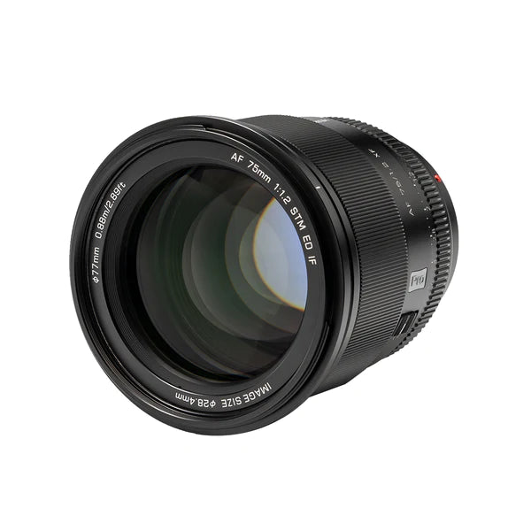 Viltrox AF 75mm f/1.2 Pro XF lens, angled view of the front element and 77mm filter thread