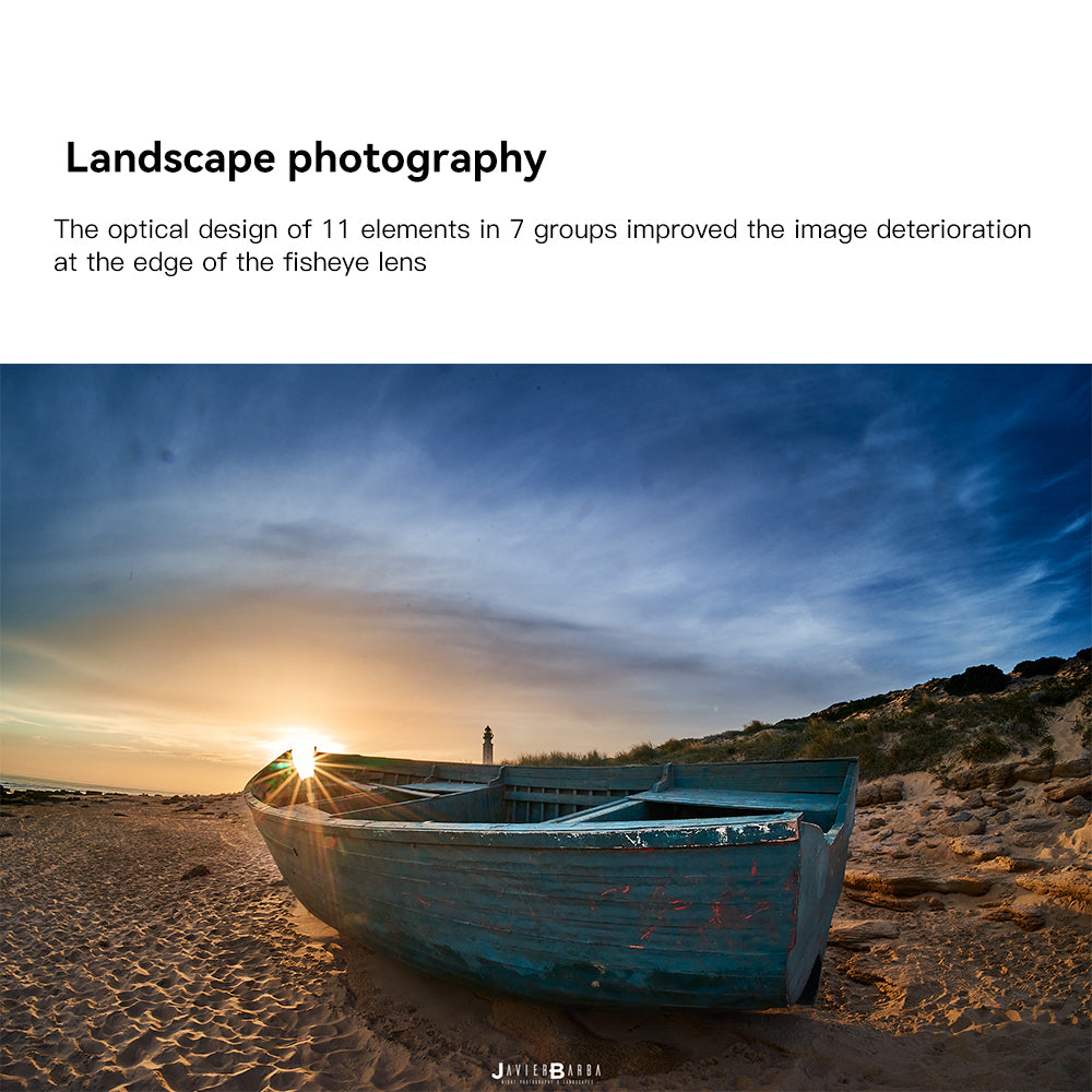 Rowing boat on a beach at sunset, landscape sample from the TTArtisan 11mm fisheye