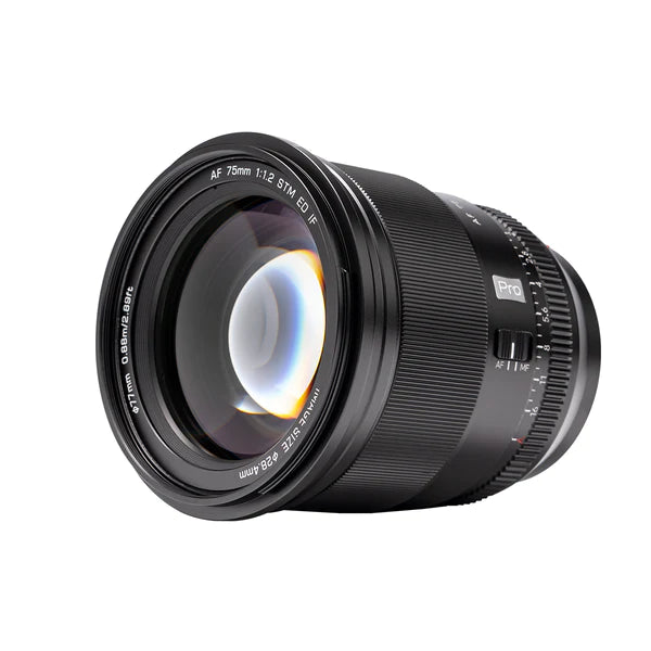 Viltrox AF 75mm f/1.2 Pro XF APS-C autofocus portrait lens for Fujifilm X-mount, angled view