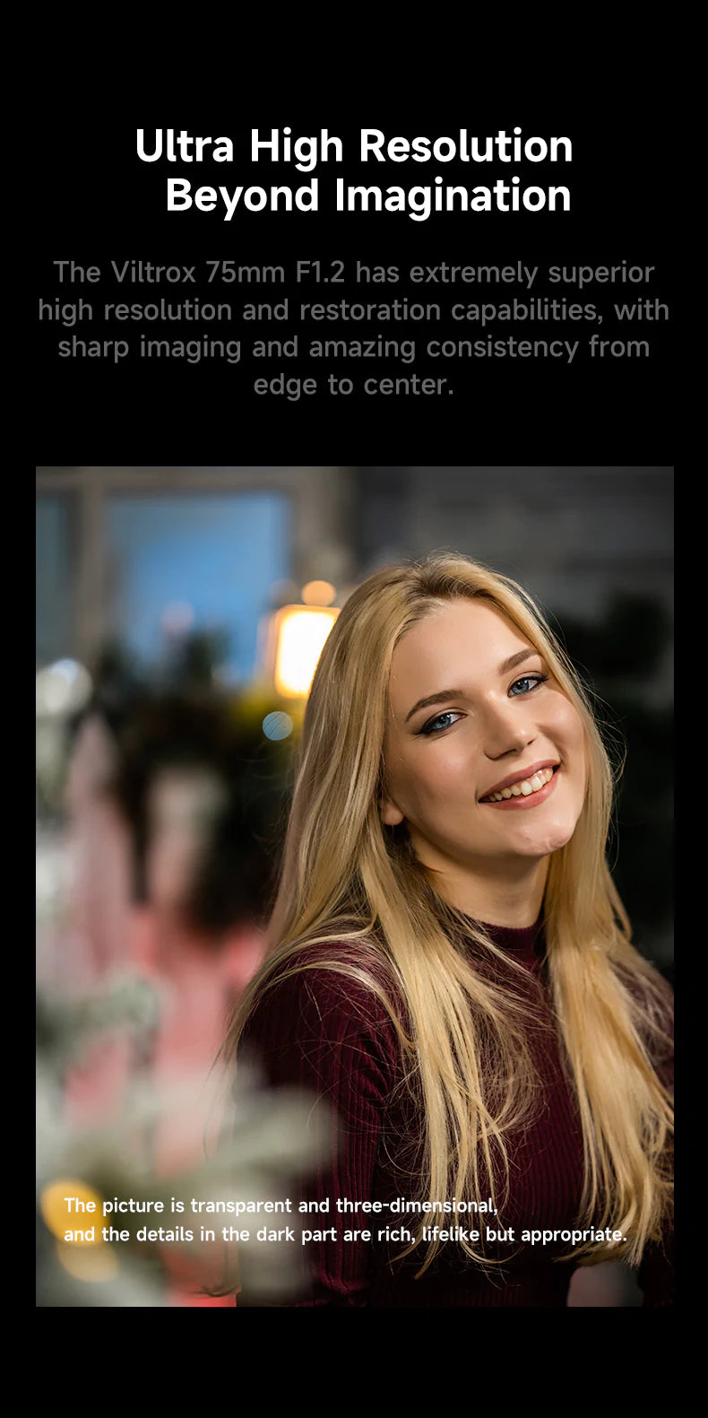Smiling woman with festive bokeh, portrait sample from the Viltrox 75mm f/1.2 Pro XF
