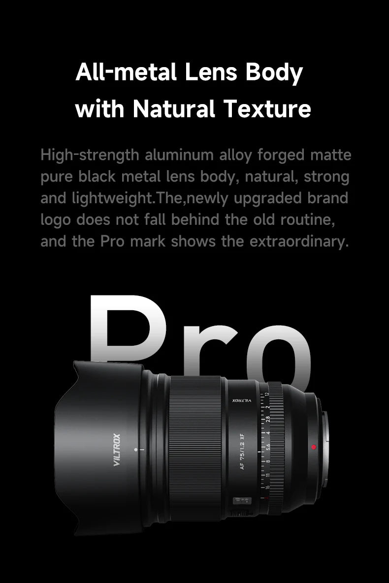 Viltrox AF 75mm f/1.2 Pro XF all-metal lens body with petal hood