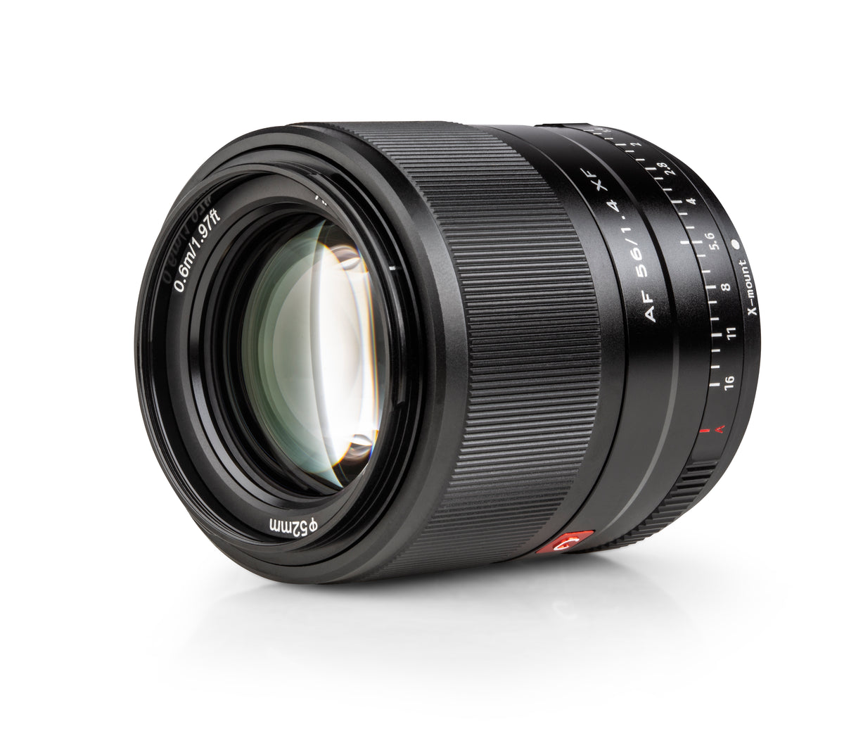 Viltrox AF 56mm f/1.4 XF APS-C autofocus portrait lens for Fujifilm X-mount, angled view