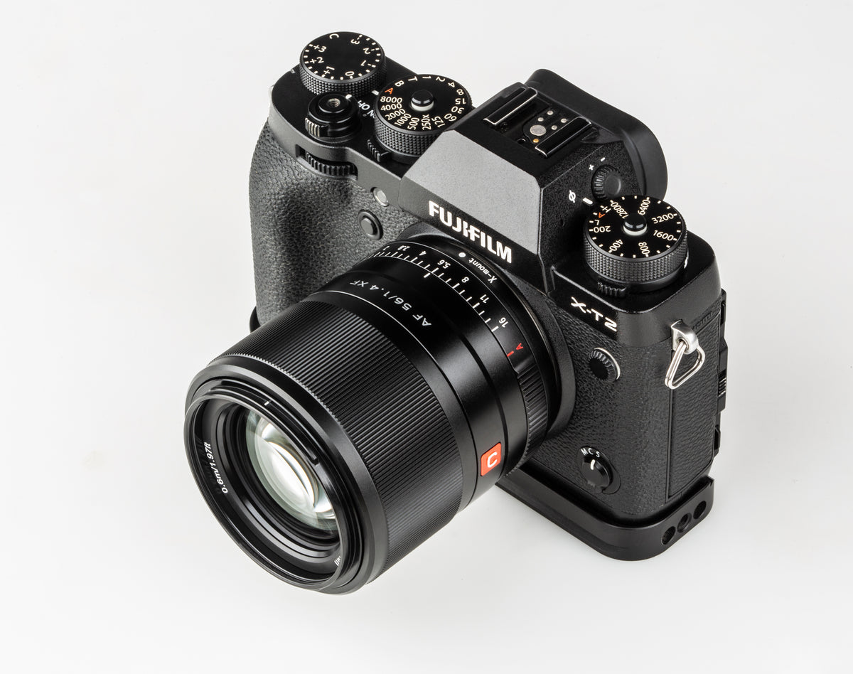 Viltrox AF 56mm f/1.4 XF on a black Fujifilm X-T2, top view