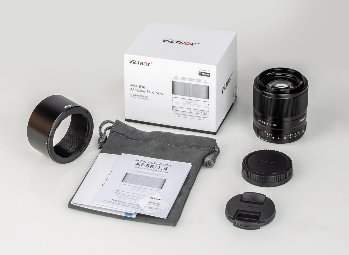 Viltrox AF 56mm f/1.4 XF box contents: lens, hood, pouch, caps and manual