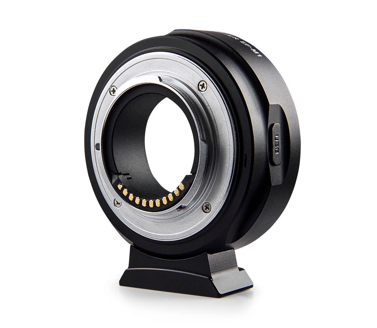 Viltrox EF-M1 adapter, Micro Four Thirds mount side with contacts and USB port