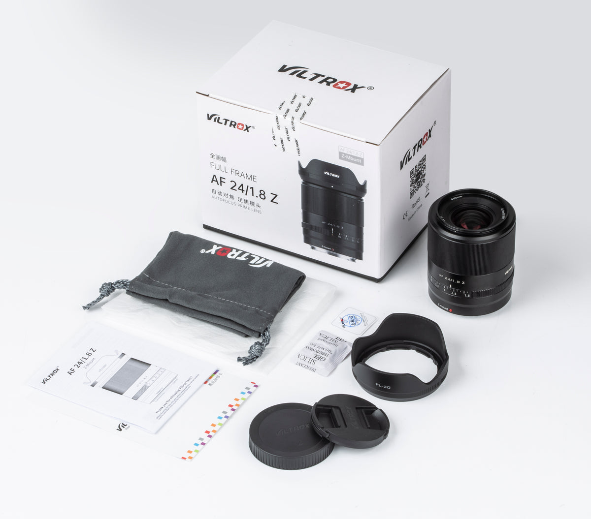 Viltrox AF 24mm f/1.8 full frame lens kit with box, hood, caps and pouch