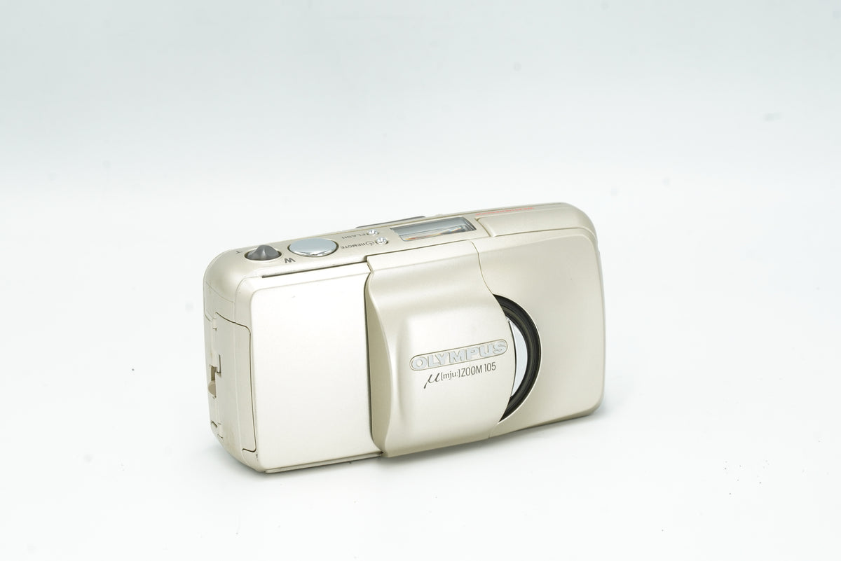 Olympus Mju Zoom 105 champagne point and shoot camera, lens cover closed
