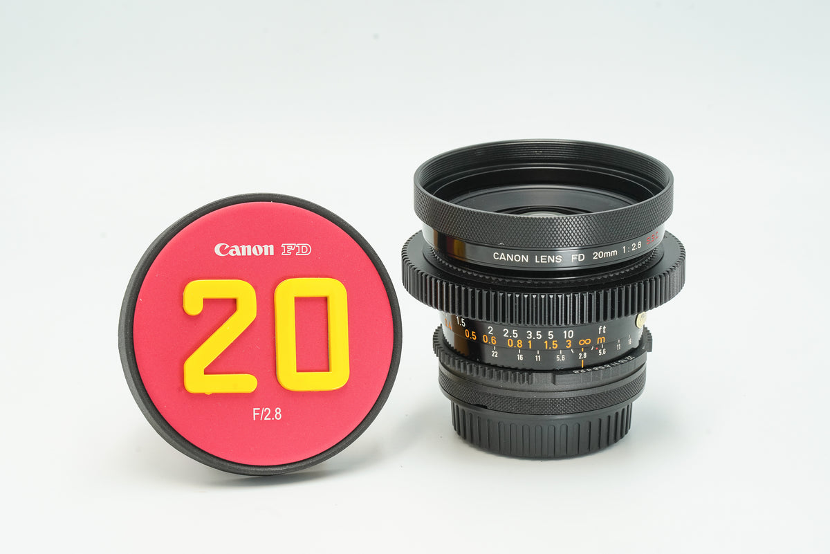 Canon FD 20mm f/2.8 cine-modded to EF with gear rings and red front cap