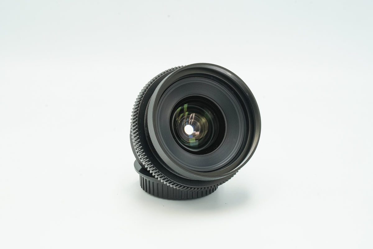 Canon FD 20mm cine-modded lens, angled view of the front element