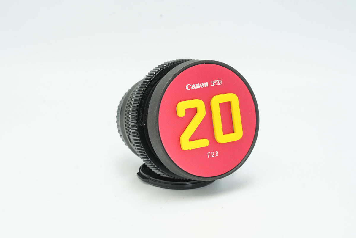 Canon FD 20mm cine-modded lens with red 20 f/2.8 front cap