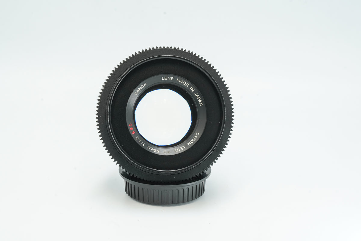Canon FD 55mm f/1.2 S.S.C. cine mod, front view of the lens name ring