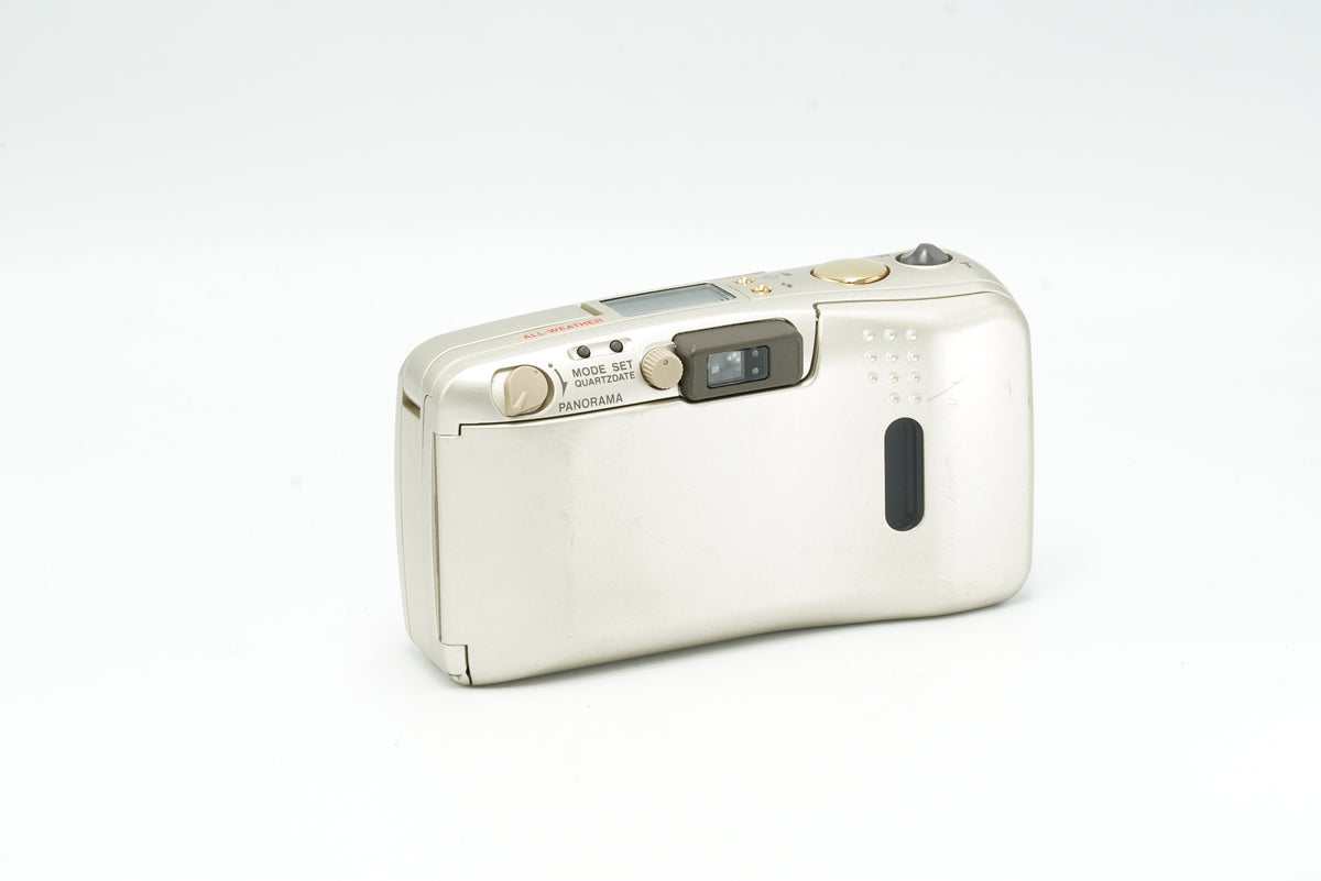 Olympus Mju Zoom 115 Deluxe film camera, rear view with panorama switch
