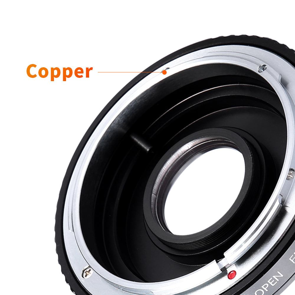K&F Concept FD-EOS adapter, copper mount and corrective glass element close-up