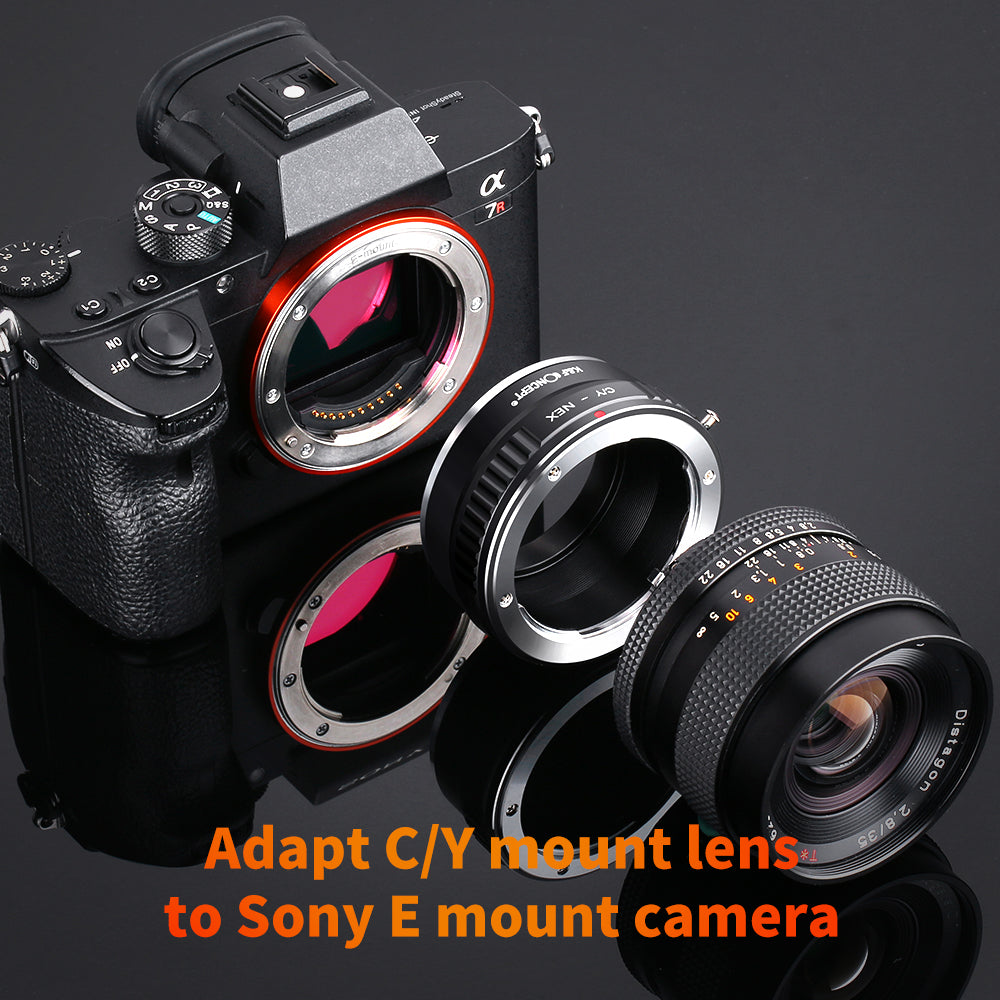 Sony A7R, K&F Concept C/Y-NEX adapter and Contax Distagon lens, ready to assemble