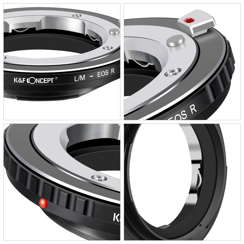 K&F Concept LM to EOS R adapter details: engraving, lens release button, alignment dot and RF bayonet
