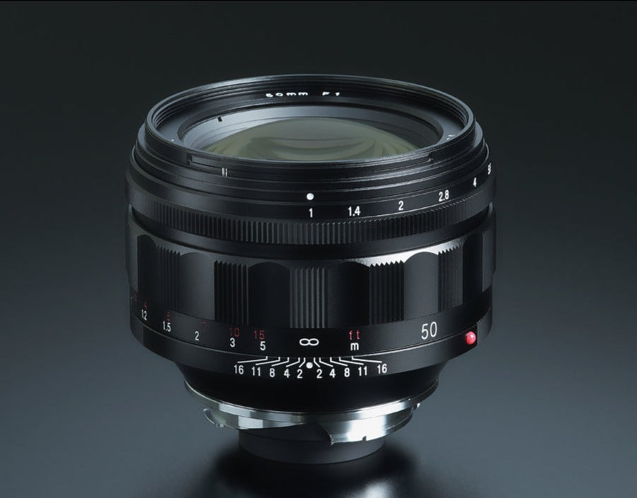 Voigtlander Nokton 50mm f/1.0 Aspherical Leica M lens, front three-quarter view