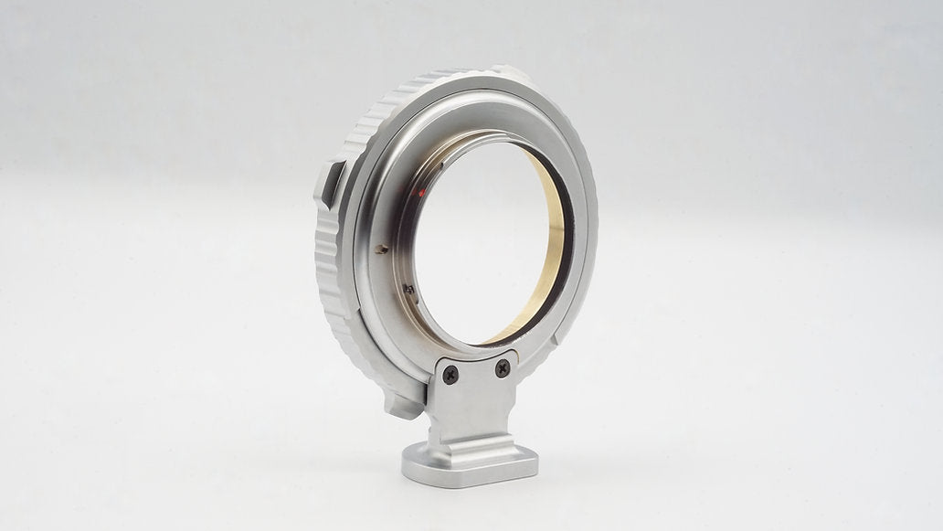 SIMMOD PL to EF adapter, angled view of the PL mount with support foot