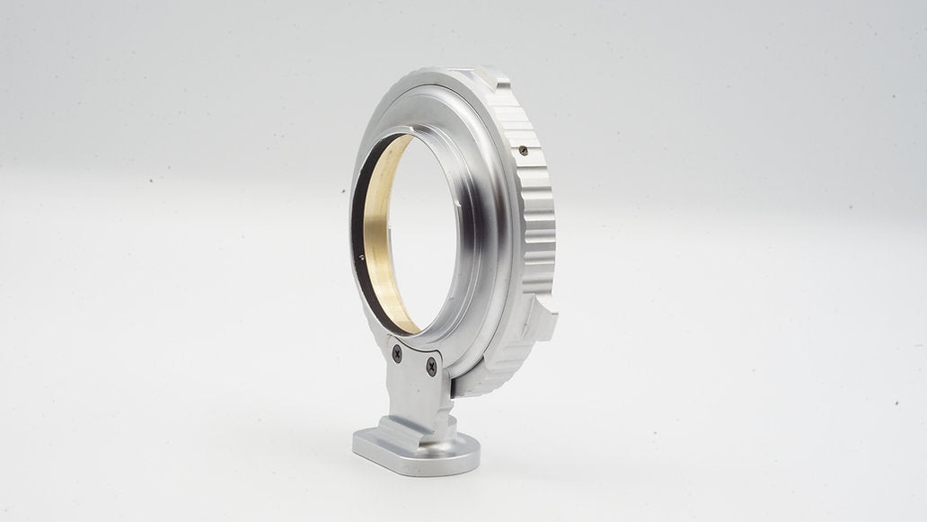 SIMMOD PL to EF adapter, side view with brass inner ring and tripod foot