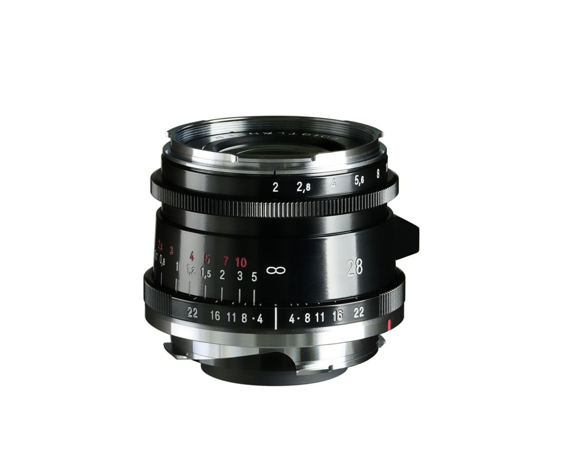 Voigtlander Ultron 28mm f/2 Vintage Line II lens for Leica M, black, side view with scales