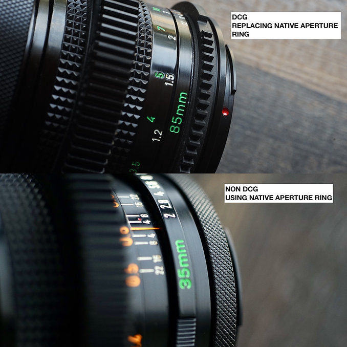 SIMMOD declicked aperture gear replacing the native aperture ring, compared with a standard lens