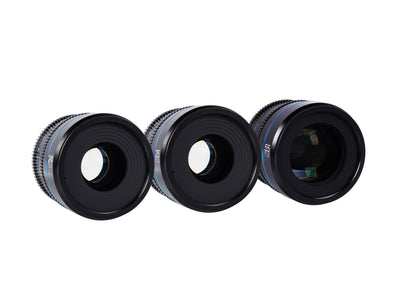 Sirui Night Walker cine lens set, front elements of the three lenses