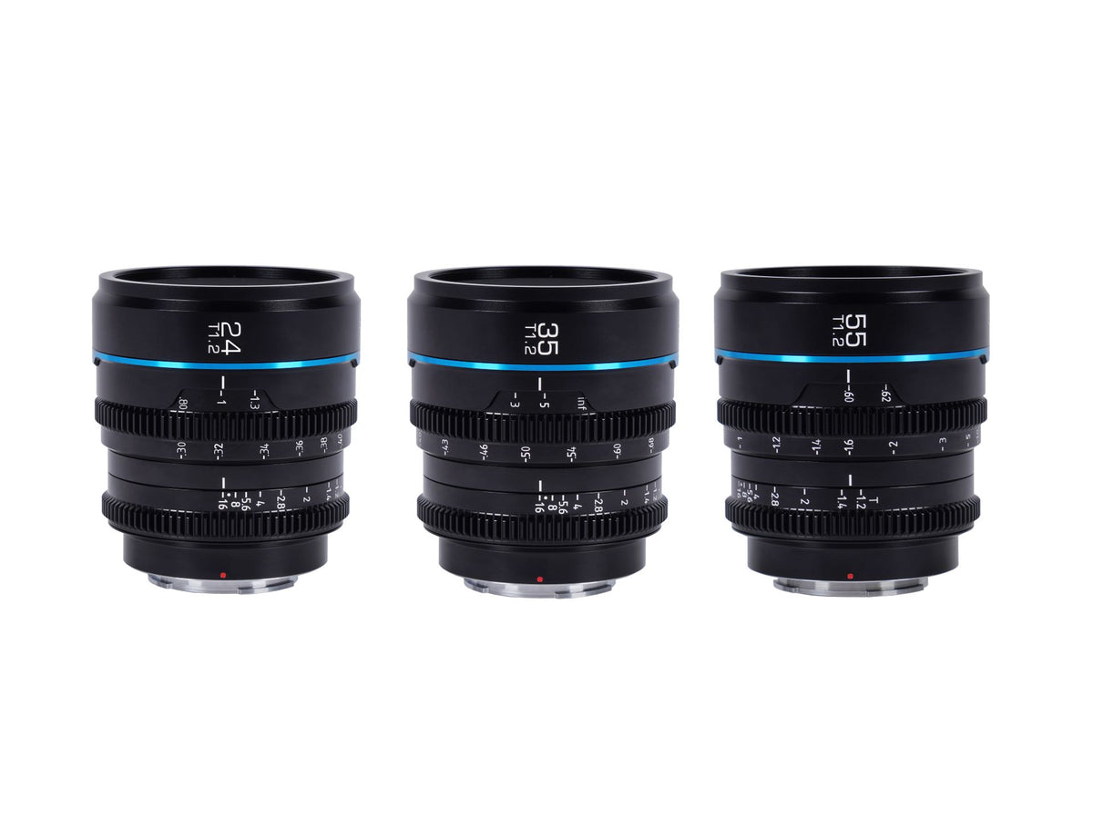 Sirui Night Walker 24mm, 35mm and 55mm T1.2 cine lenses side by side