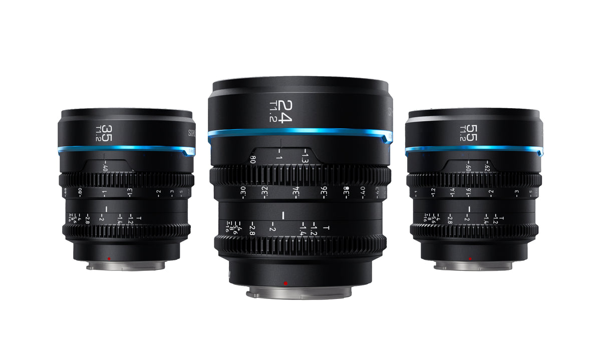 Sirui Night Walker T1.2 cine lenses 35mm, 24mm and 55mm, front view