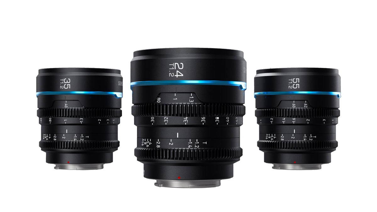 Sirui Night Walker T1.2 S35 cine lens trio in black, 24mm in the centre