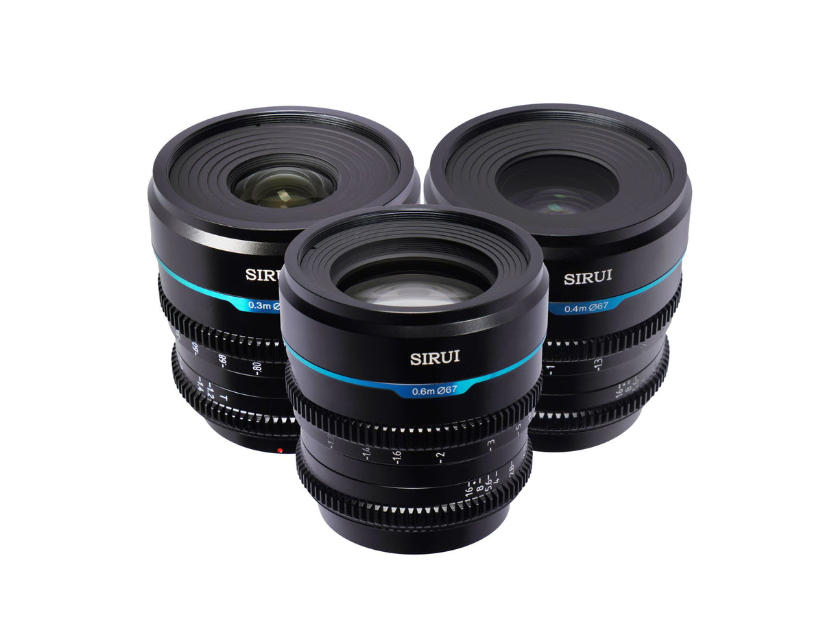 Sirui Night Walker cine lenses, angled view of the front elements and blue rings