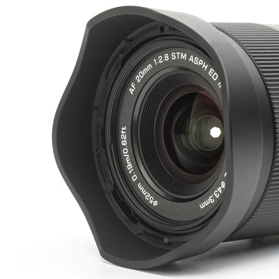 Viltrox AF 20mm f/2.8 lens with petal hood, close-up of the front element