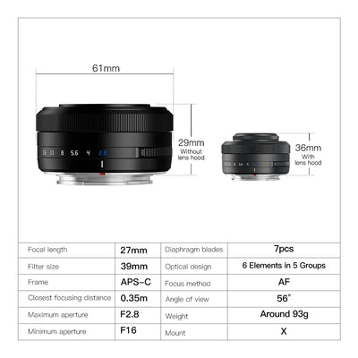 TTArtisan AF 27mm f/2.8 dimensions and specifications, about 93g