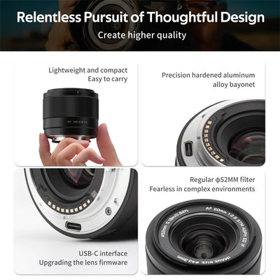 Viltrox AF 20mm f/2.8 design details: compact body, metal mount, USB-C and 52mm filter