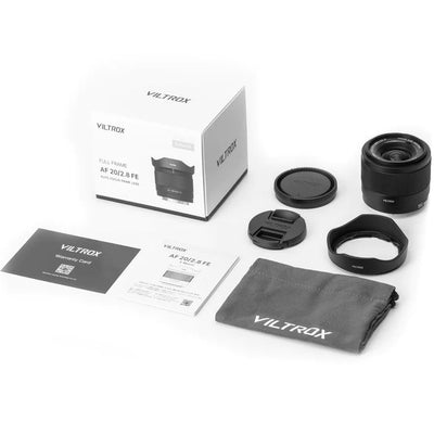 Viltrox AF 20mm f/2.8 FE box contents: lens, hood, pouch, caps and cards