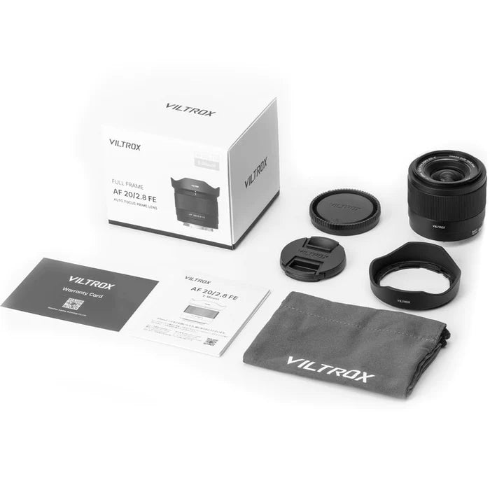 Viltrox AF 20mm f/2.8 FE box contents: lens, hood, pouch, caps and cards
