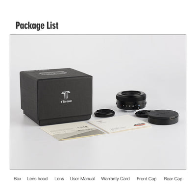 TTArtisan AF 27mm f/2.8 package list: box, hood, lens, manual, warranty card and caps