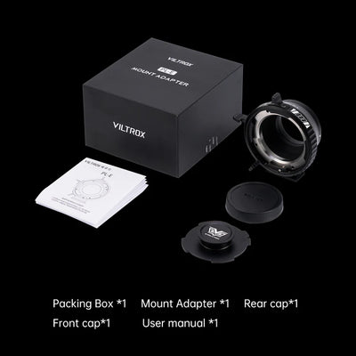 Viltrox Z-Move PL-E mount adapter box contents: adapter, caps and manual