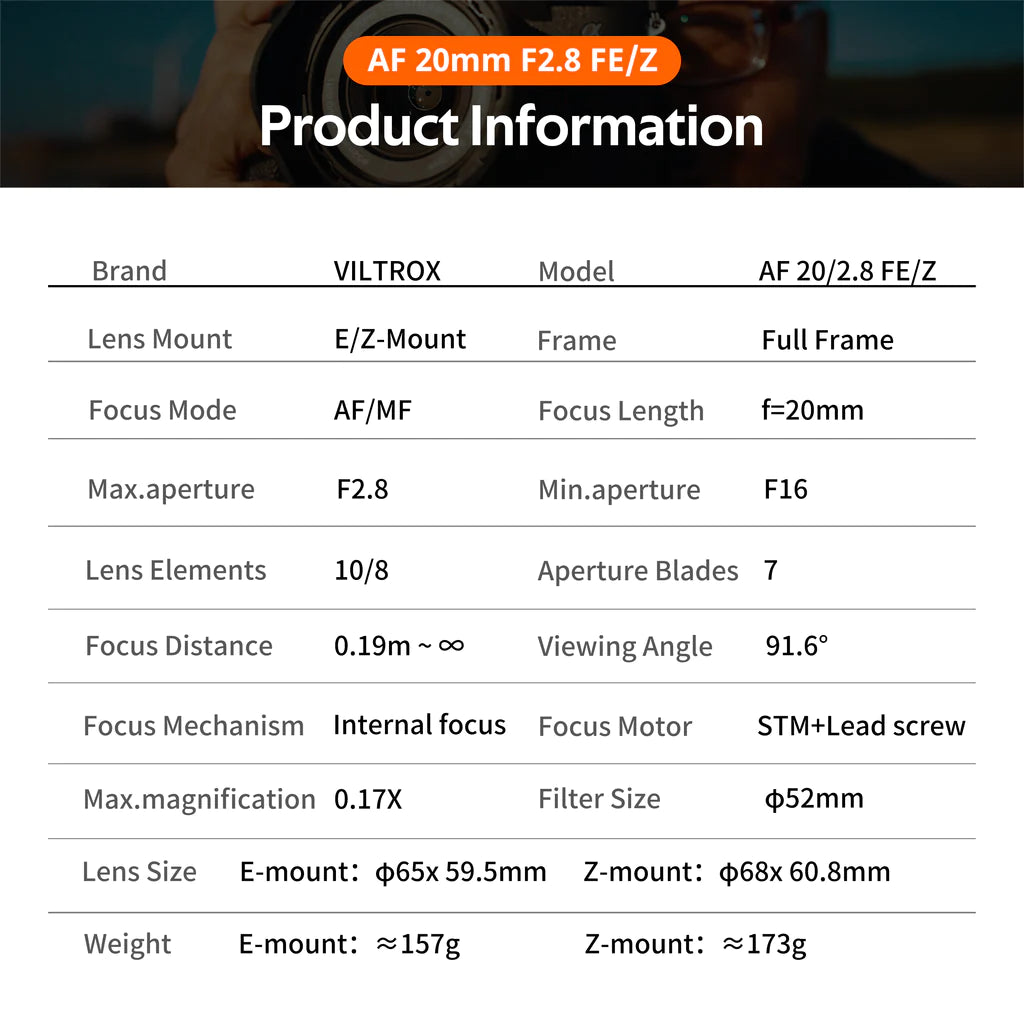 Viltrox AF 20mm f/2.8 FE/Z specifications: full frame, 10 elements in 8 groups, 52mm filter